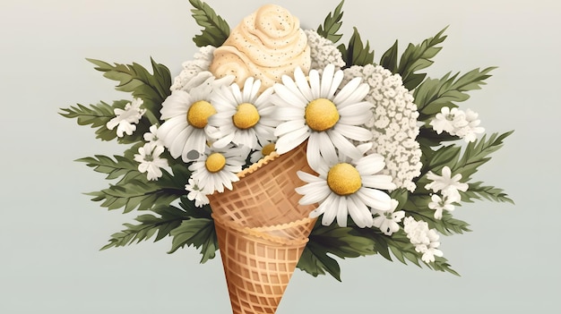 A bouquet of daisies in an ice cream cone