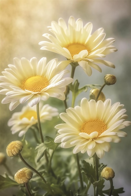 A bouquet of daisies in a pot with a yellow background.