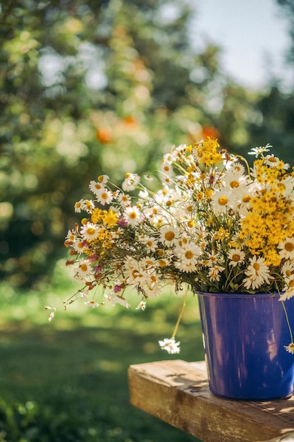 木製のテーブルの夏の背景に青いバケツでデイジーとセントジョンズの花束