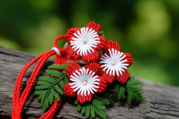 Bouquet of daisies tied with a red rope on a green background