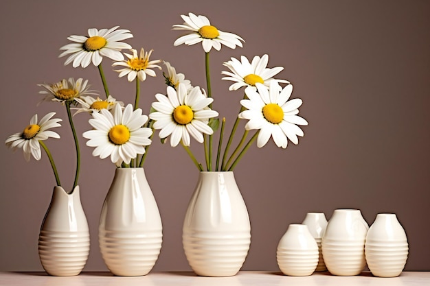 Bouquet of daisies in vases on a gray background