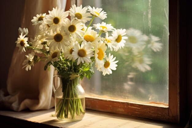 Bouquet of daisies on the windowsill generative ai