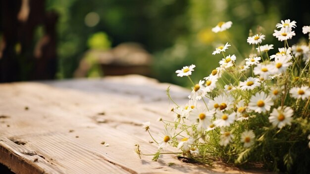 暖かい日光に浴びた木製のテーブルの上にある花束