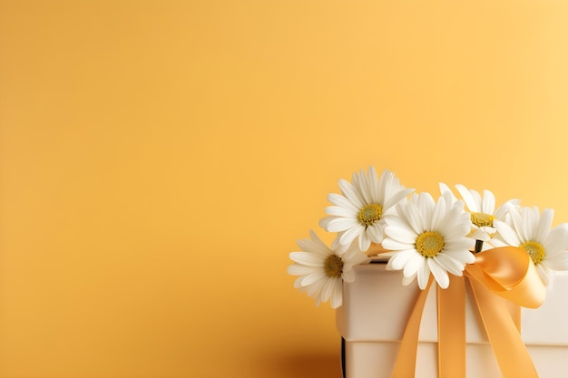 A bouquet of daisies on a yellow background