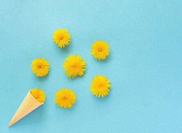 Bouquet dandelions flowers in waffle ice cream cone on blue background 