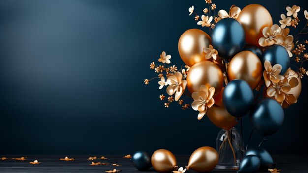 Bouquet of Dark Blue and Gold balloons on Solid Background