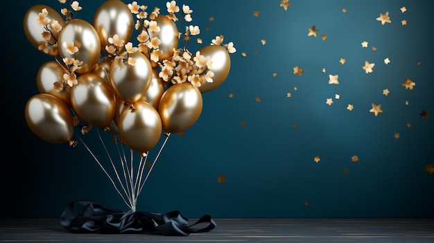 Photo bouquet of dark blue and gold balloons on solid background