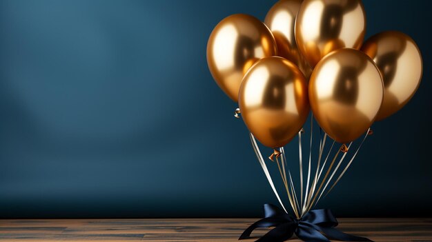 Photo bouquet of dark blue and gold balloons on solid background