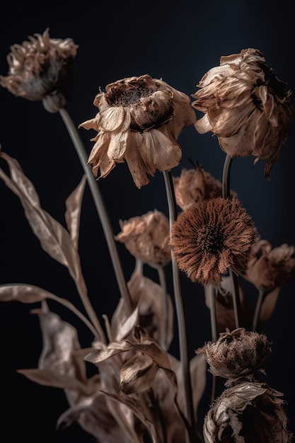 A bouquet of dead flowers with the dark background