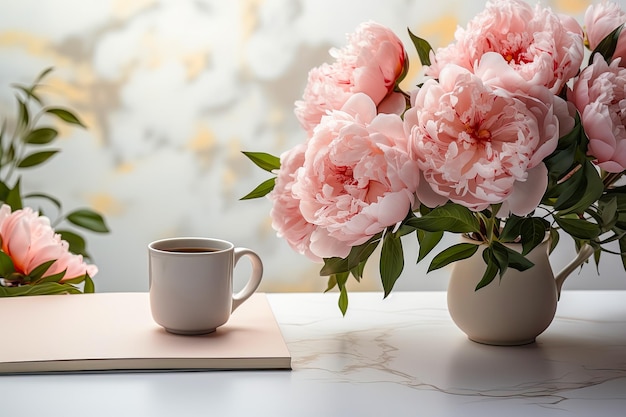 Bouquet of delicate pink peonies in vase on table next to a cup of hot tea or coffee AI generated