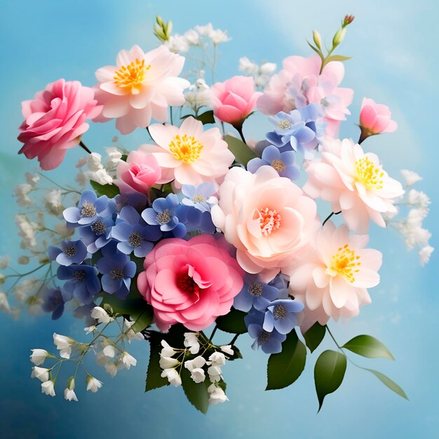 A bouquet of delicate realistic flowers in a delicate background Flowers leaves collected without