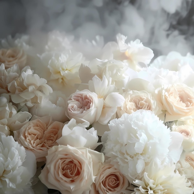 bouquet of delicate roses and peonies in white and soft pink colors in the fog