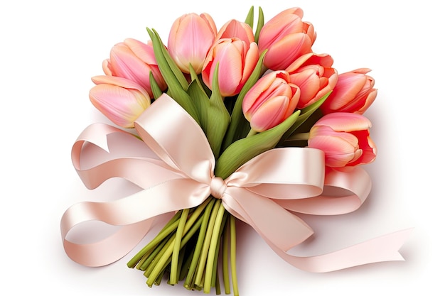букет нежных тюльпанов, связанный лентой и луком на белом фоне