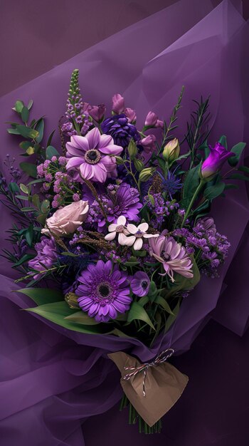 Bouquet of different flowers on a purple background Flower composition