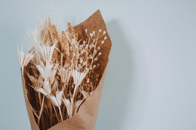 Bouquet of dried flowers on a blue background