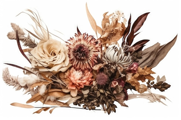 Bouquet of dried flowers and leaves on a white background Generative AI