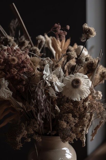 A bouquet of dried flowers in a window