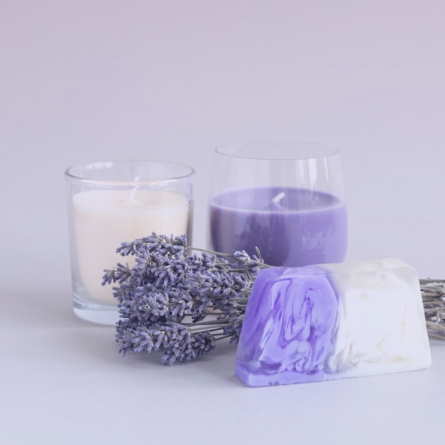 Bouquet of dried lavender aroma candles and soap bar