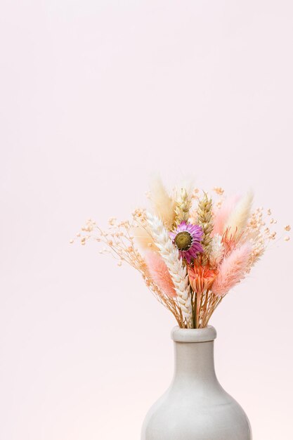 Bouquet of dried plants in ceramic bottle on pink