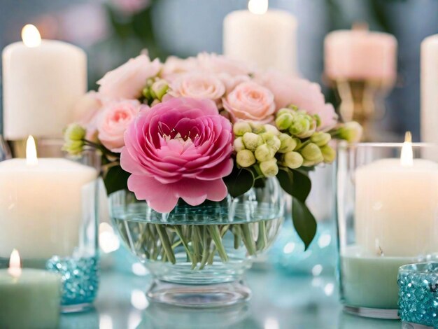 Photo bouquet of elegant flowers in a glass vase surrounded by candles on the table