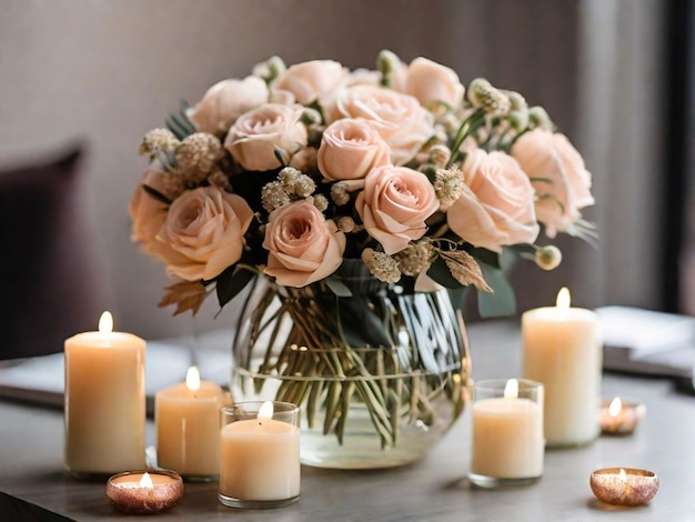 Bouquet of elegant flowers in a glass vase surrounded by candles on the table
