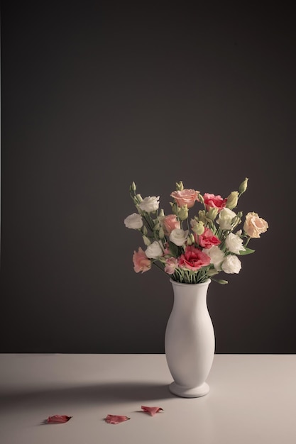 Bouquet of eustoma on dark background