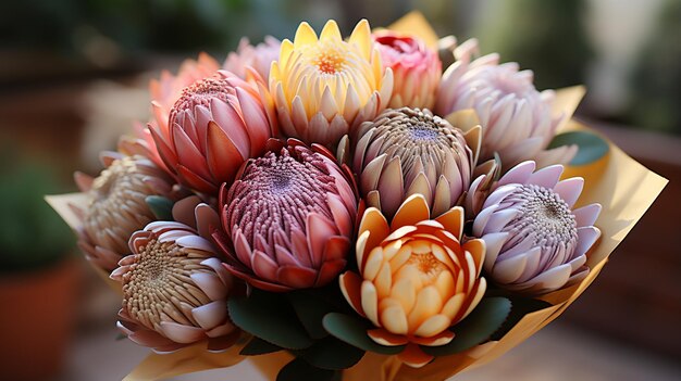 A bouquet of exotic flowers protea and tulips for the holiday top view