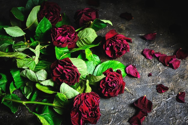 Bouquet of faded red roses with dead petals on the floor.