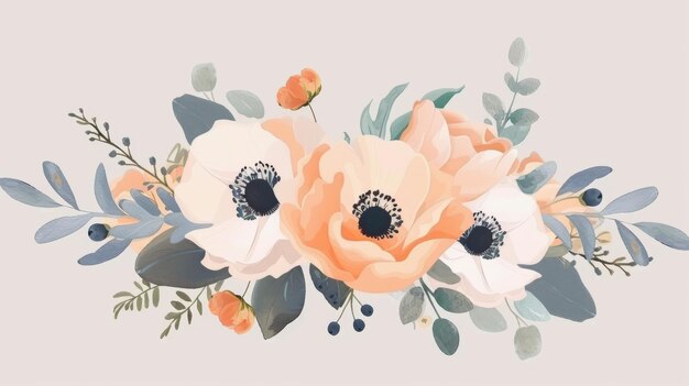 Elemento di design del bouquet di fiori con crema di pesche, anemone rosa pallido, fiori di papavero e bacche, miscela di erbe di eucalipto tutti gli elementi possono essere modificati in photoshop