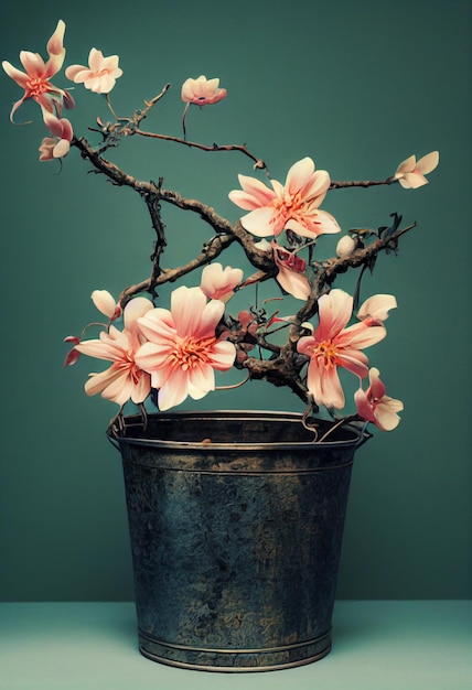 꽃다발 꽃 분홍색 꽃잎, 디지털 페인팅.