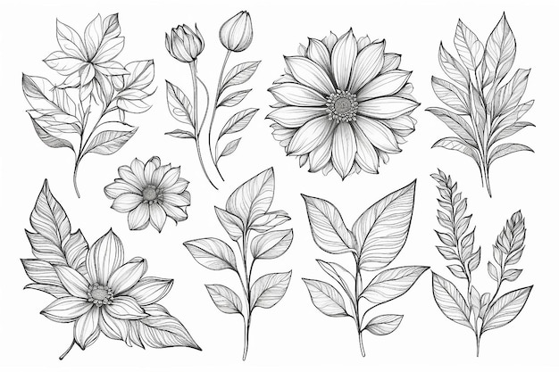Photo bouquet flower and leaves line art ornament collection