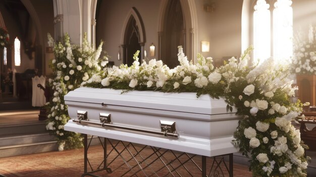 bouquet of flower on the top of coffin in church