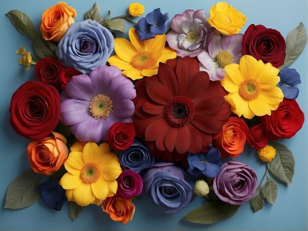 a bouquet of flowers arranged in a circle on a blue surface with leaves