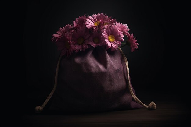 Bouquet of flowers in a bag on a black background