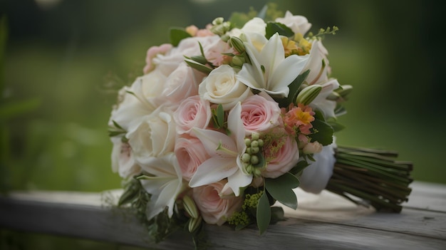 A bouquet of flowers on a bench