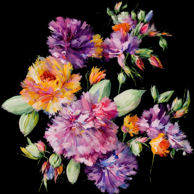 A bouquet of flowers on a black background.