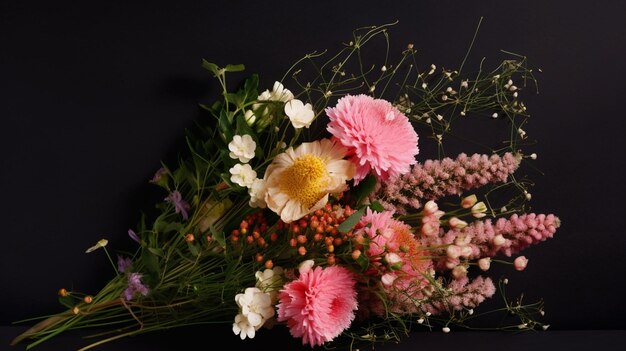 A bouquet of flowers on a black background