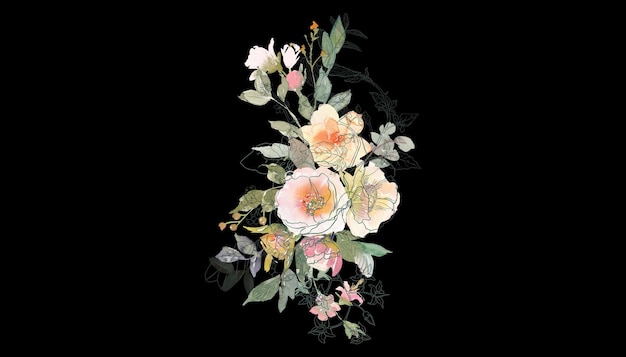 A bouquet of flowers on a black background.