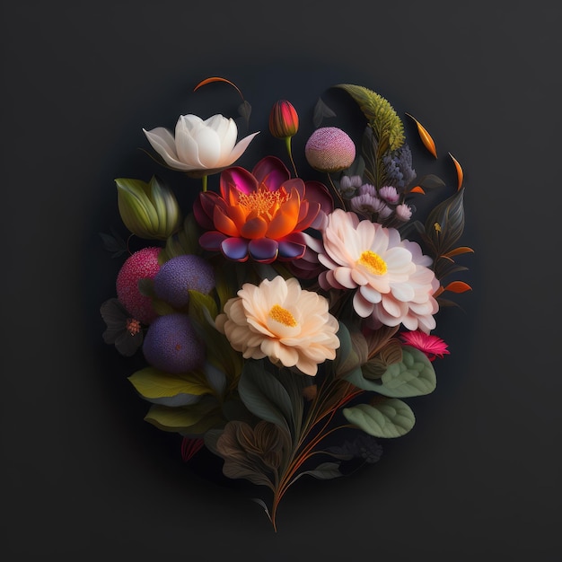 A bouquet of flowers on a black background