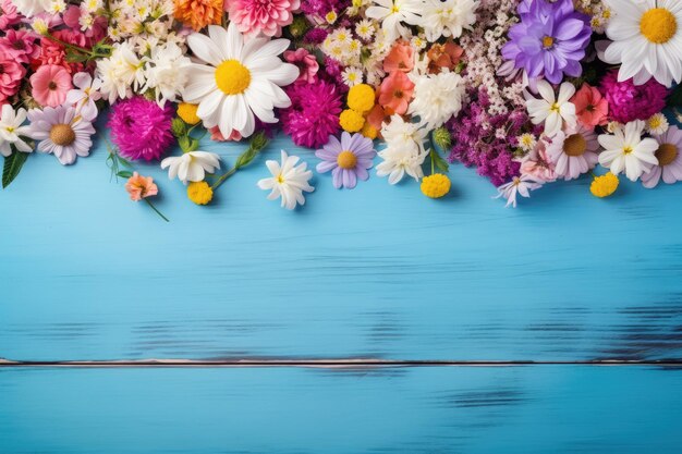 a bouquet of flowers on a blue background.