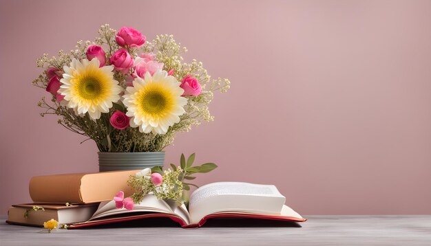 Foto un bouquet di fiori e un libro con uno sfondo rosa