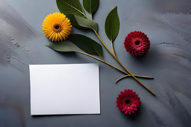 Photo a bouquet of flowers and a card on a table.