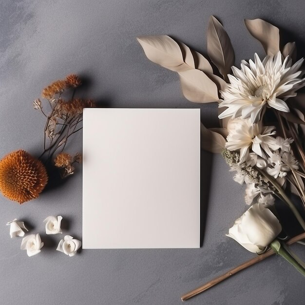 a bouquet of flowers and a card with a white card on it.