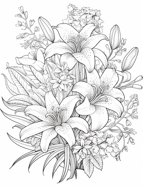 Photo a bouquet of flowers coloring pages generative ai