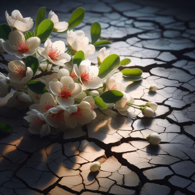 a bouquet of flowers on a cracked floor with a sun shining on the ground