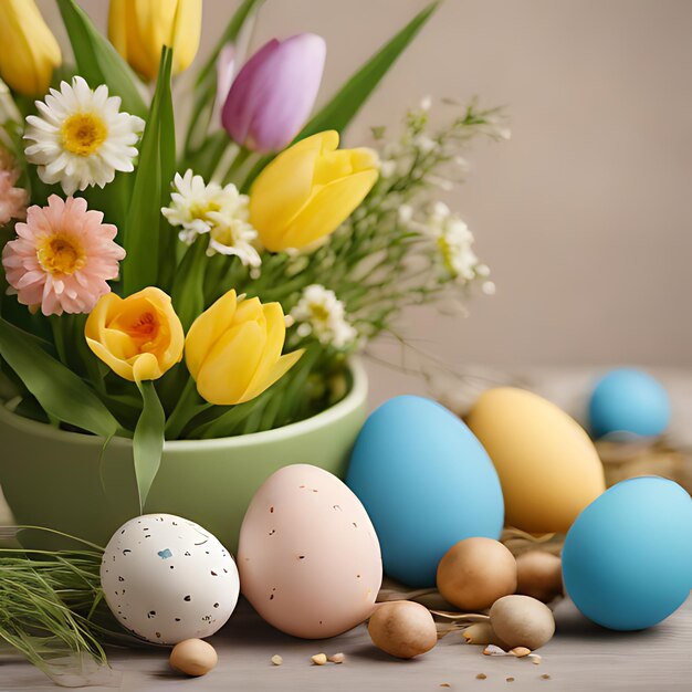 Photo a bouquet of flowers and eggs are on a table