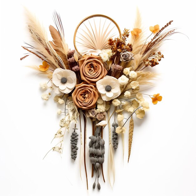 a bouquet of flowers and feathers with a white background