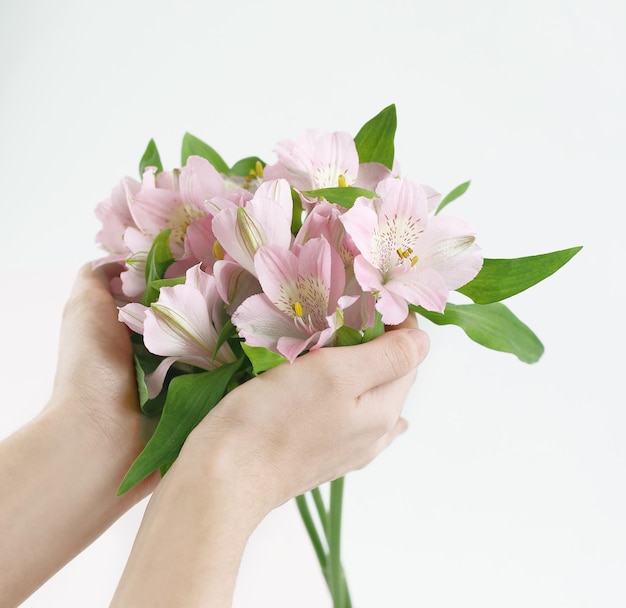 Bouquet of flowers in female hands isolated on a light backgrou