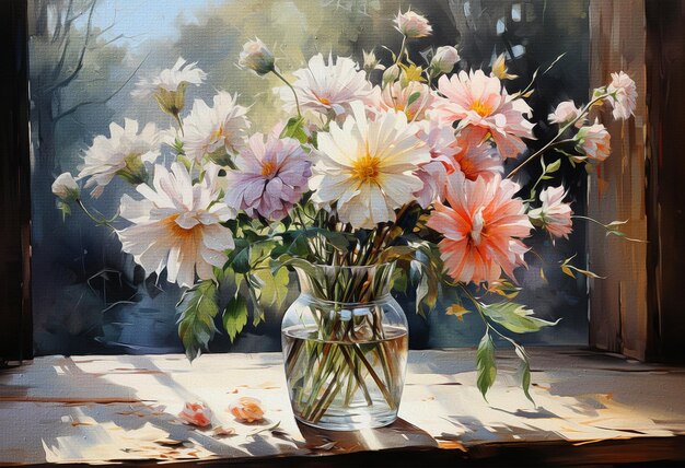 Photo bouquet of flowers in a glass vase still life painting flowers of autumn vase of flowers