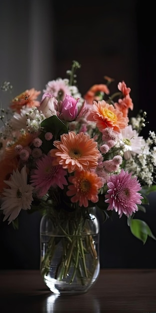 Bouquet of flowers in a glass vase on the table image for desktop generative ai